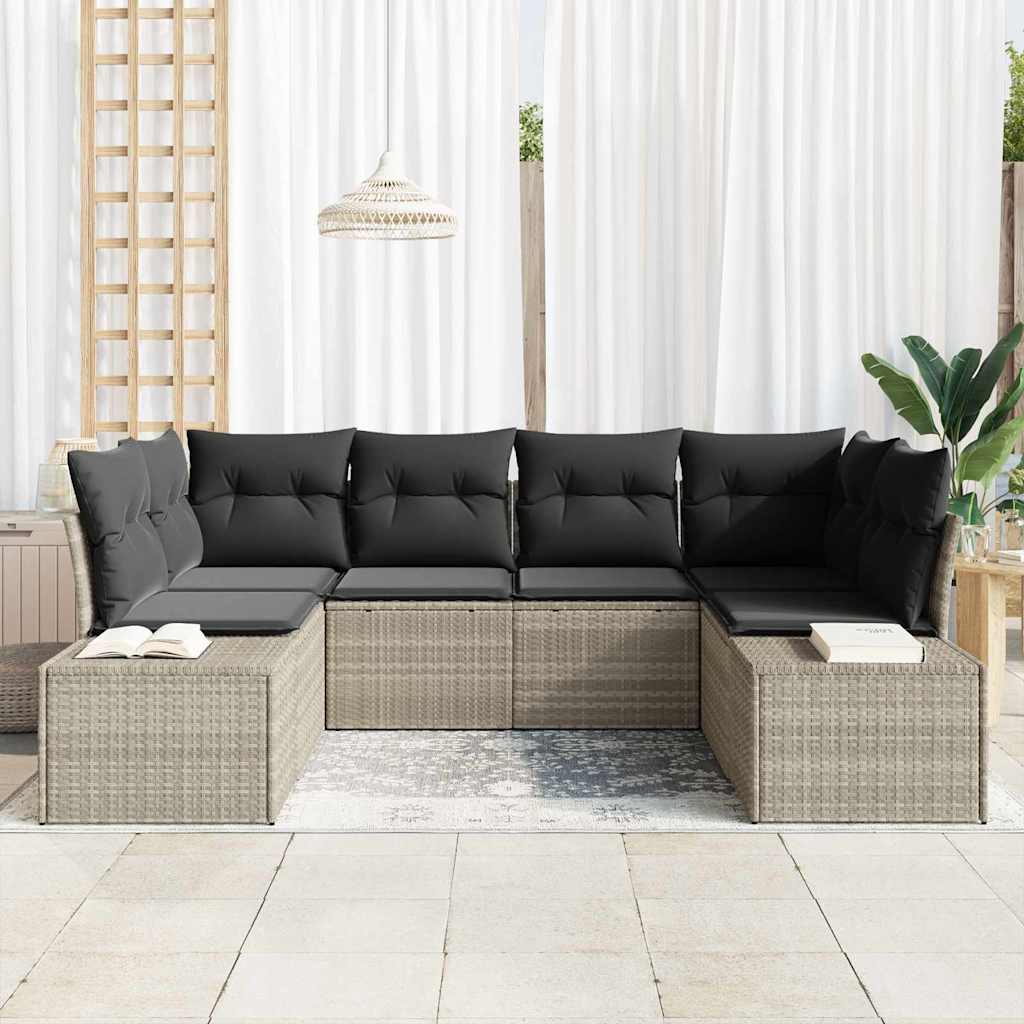 vidaXL 6-delige tuinset met kussens in lichtgrijs poly rattan