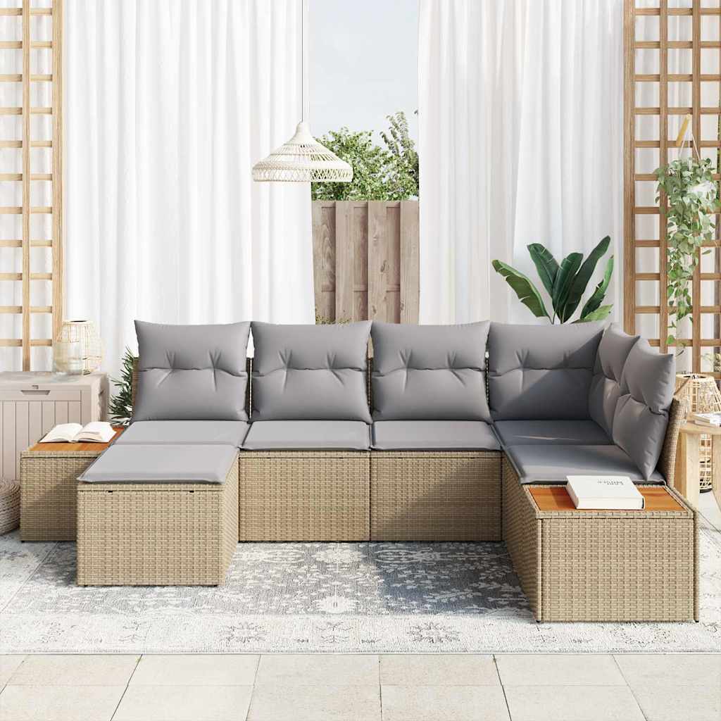 vidaXL 6-delige tuinsofa set met kussens, beige poly rattan en acacia.