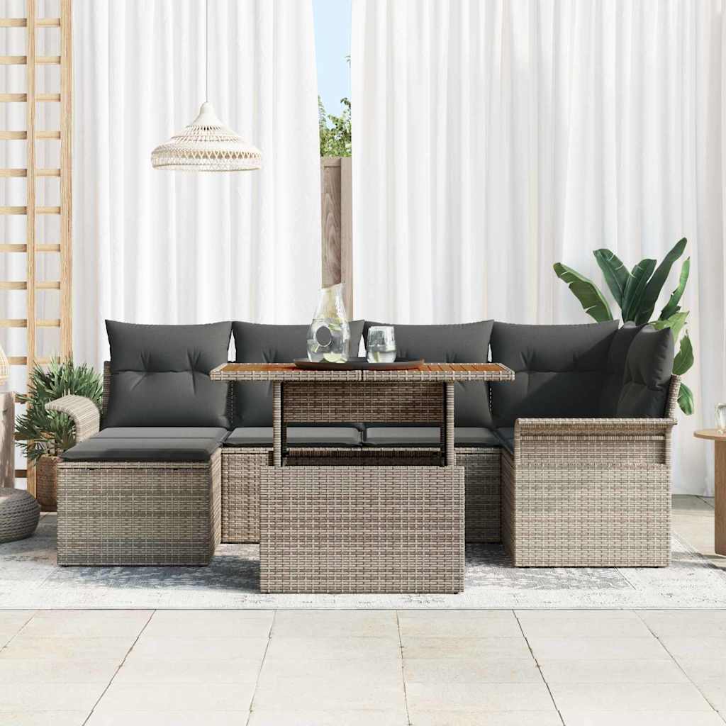 vidaXL 7-delige tuinset met kussens in grijs poly rattan