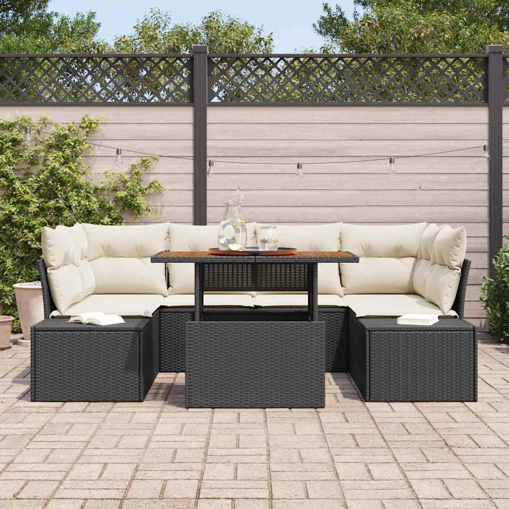 vidaXL 7-delige tuintafelset met kussens in zwart van poly rattan en acacia