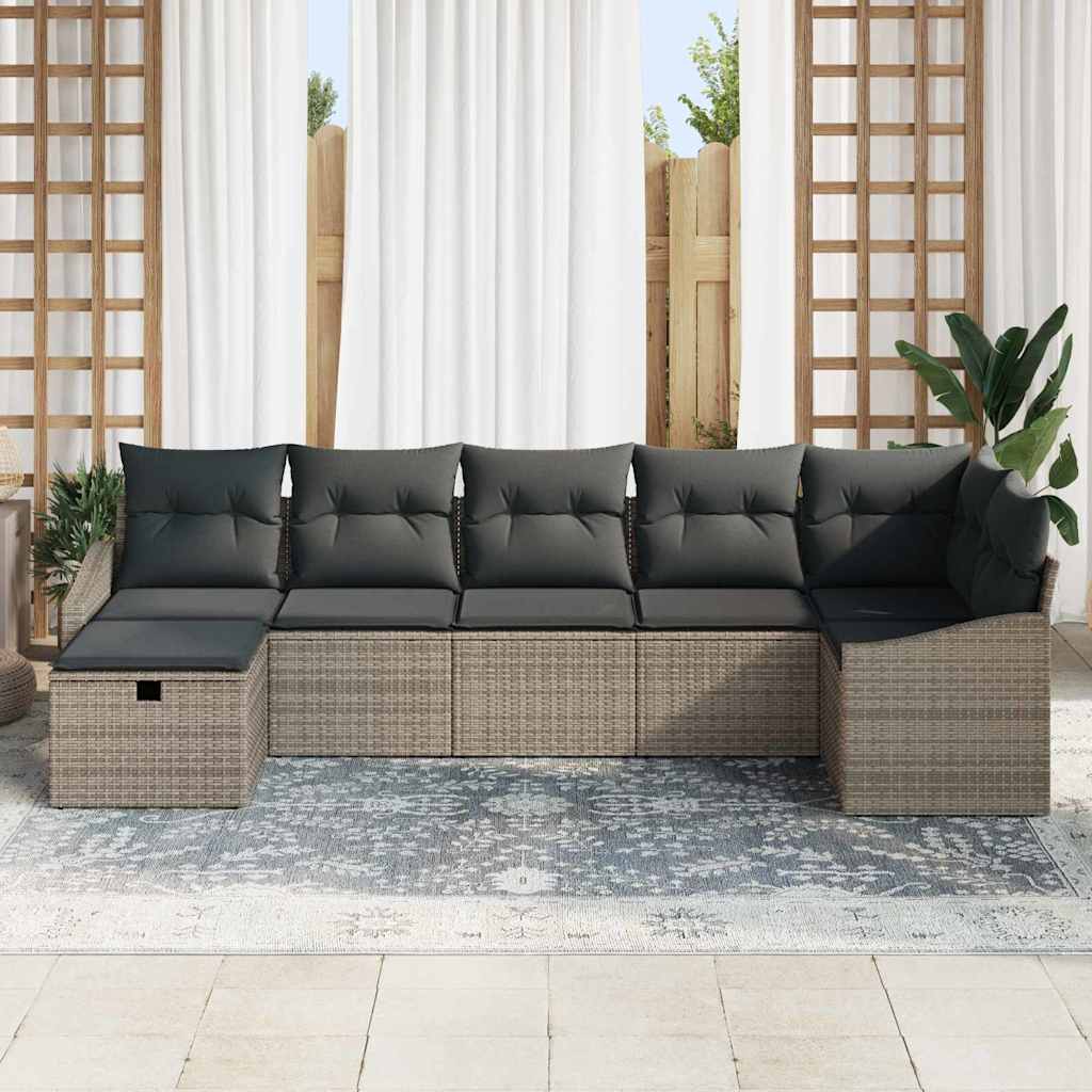 vidaXL 7-delige Tuinbankenset met kussens poly rattan grijs