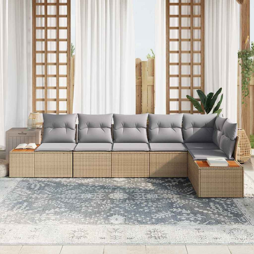 vidaXL 6-delig tuinbankstel met kussen in beige poly rattan en acacia