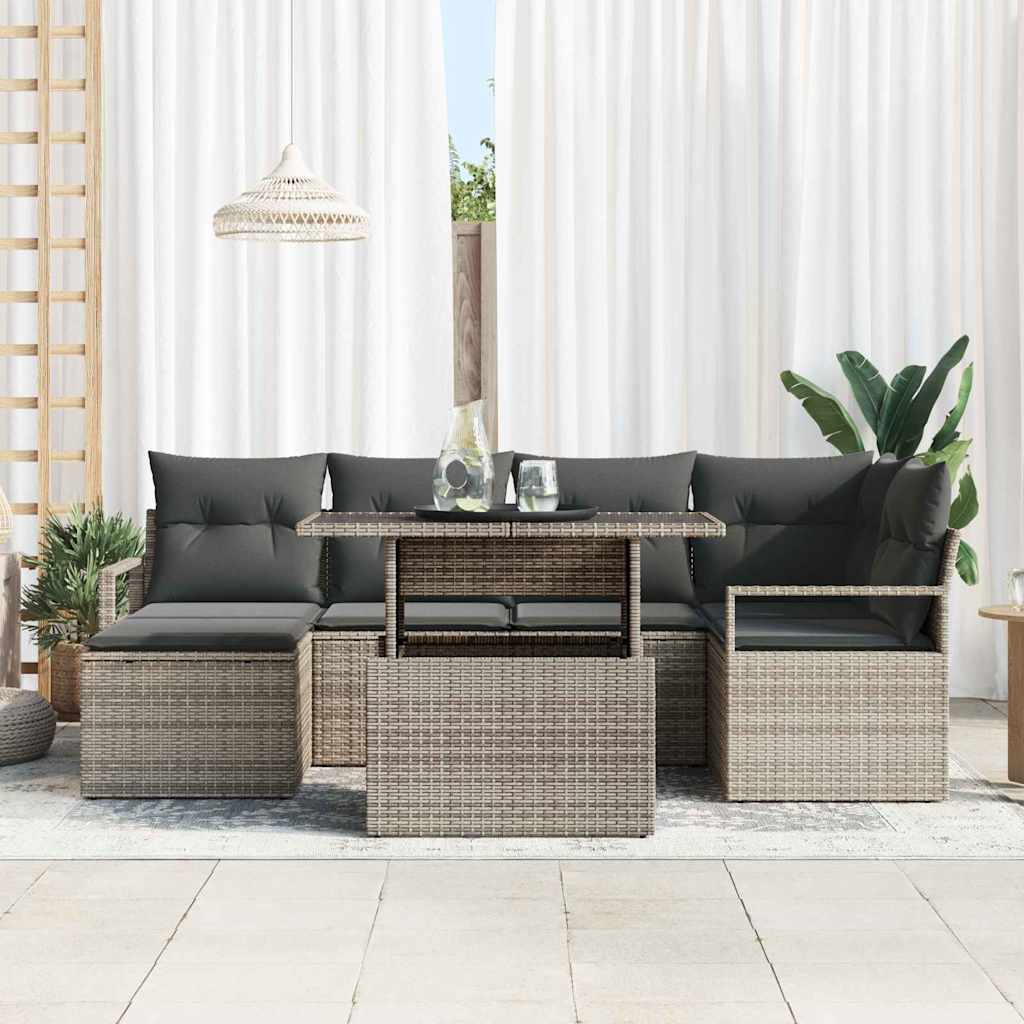 vidaXL 7-Delige Tuinbank Set met Kussens Grijs Poly Rattan