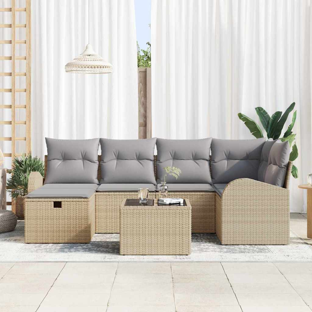 vidaXL 7-delige Tuinbankenset met kussens poly rattan beige