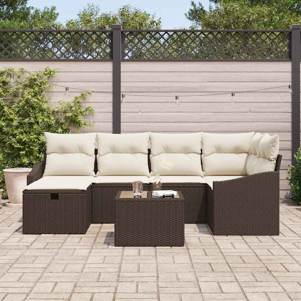 vidaXL 7-delige Tuinbankenset met kussens poly rattan bruin