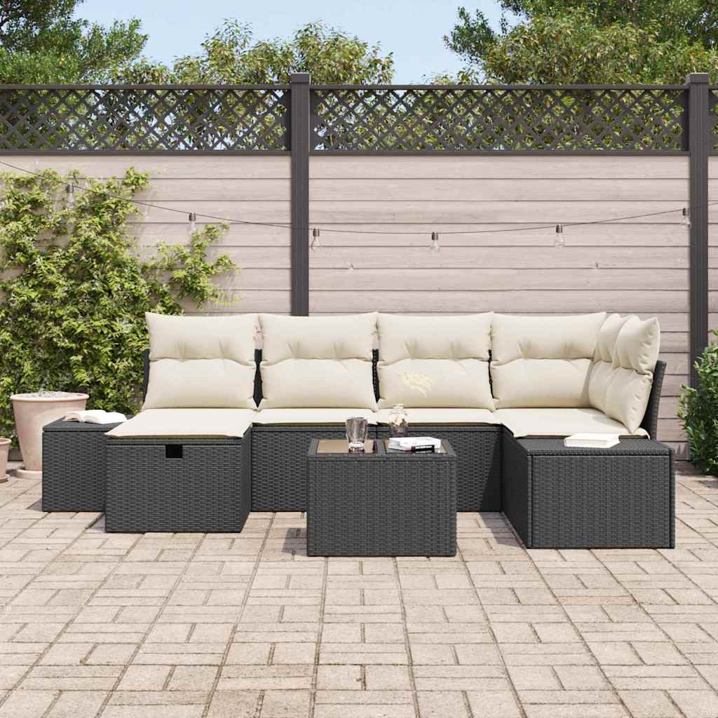 vidaXL 7-delige tuinset met kussens zwart poly rattan