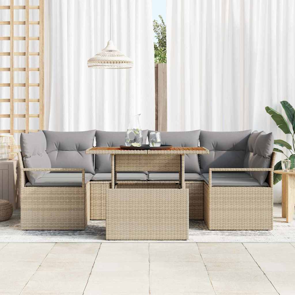 vidaXL 7-delige tuinsofa-set met kussens in beige van poly rattan en acaciahout