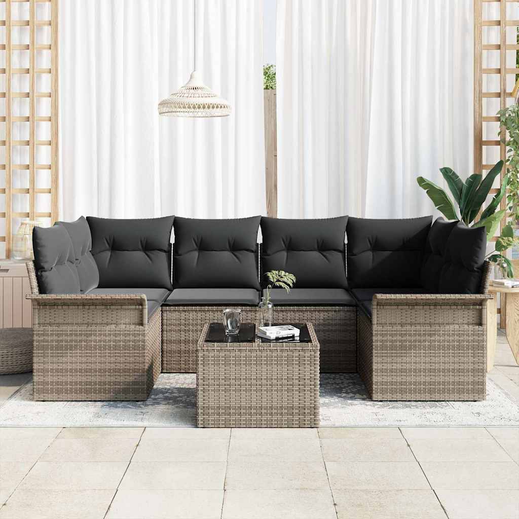 vidaXL 7-delige tuinset met grijze kussens van poly rattan