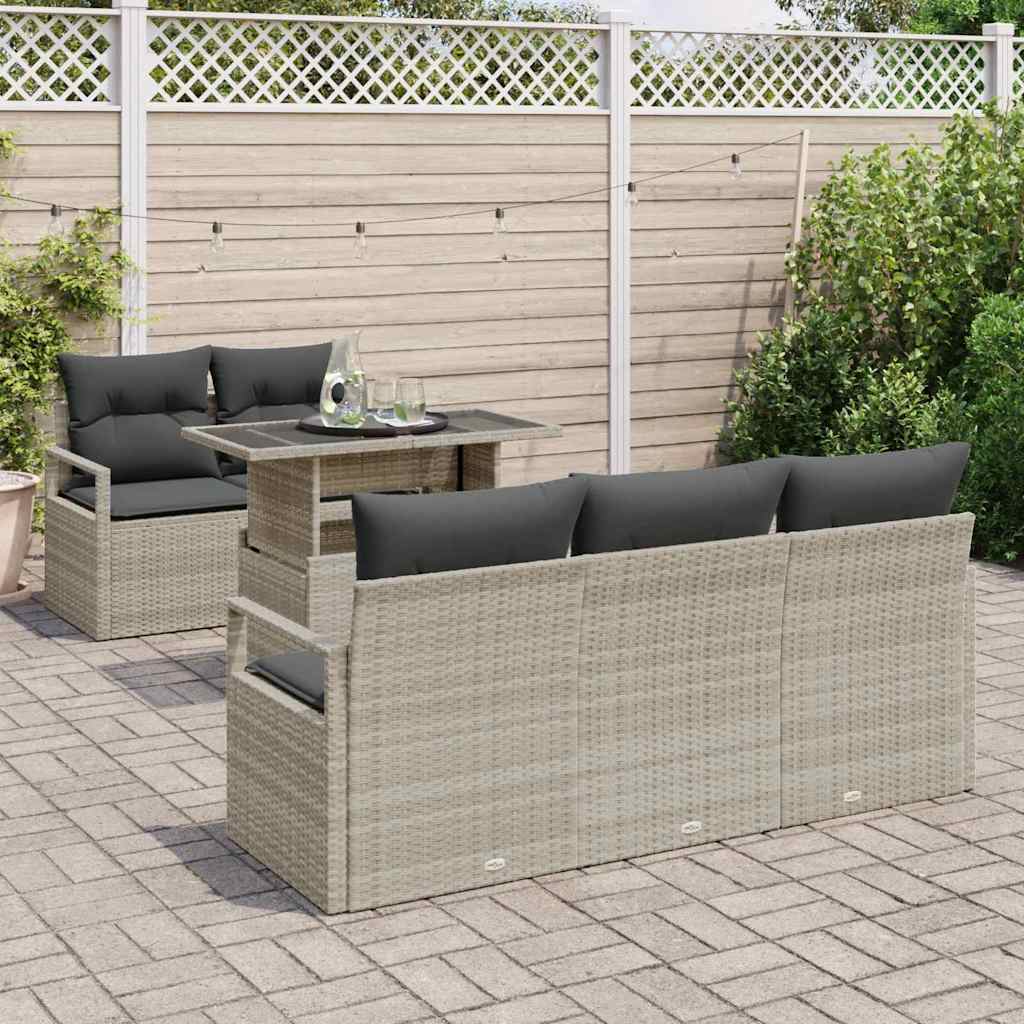 vidaXL 6-delige tuinbankset met kussens in lichtgrijs poly rattan
