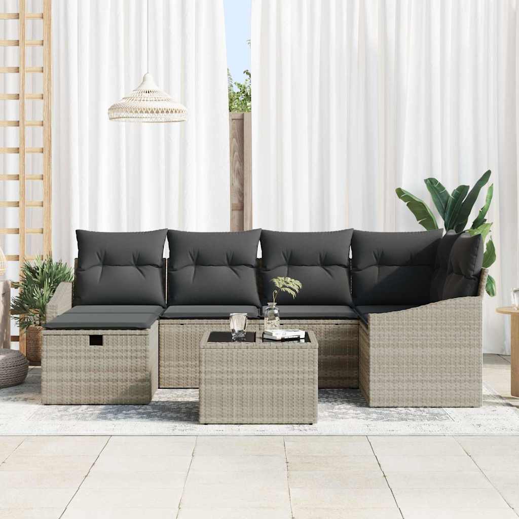 vidaXL 7-delige Tuinbankenset met kussens poly rattan lichtgrijs