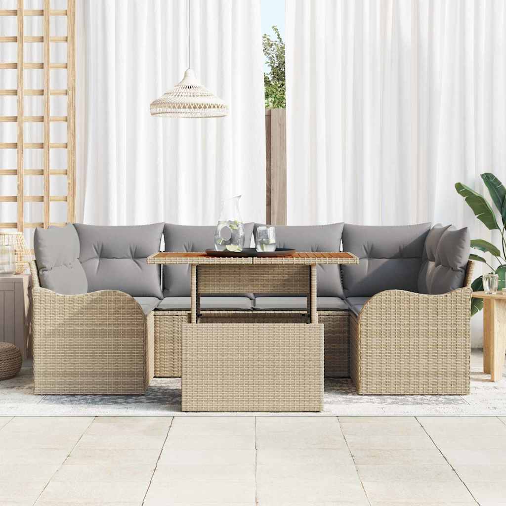 vidaXL 7-delige tuinset met kussens in beige poly rattan