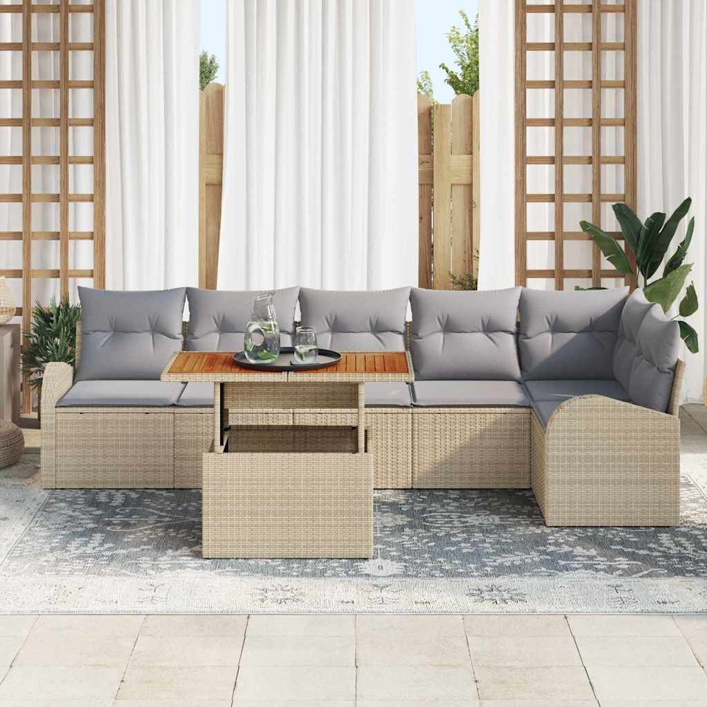vidaXL 7-delige tuinset met kussens in Beige van poly rattan en acacia.