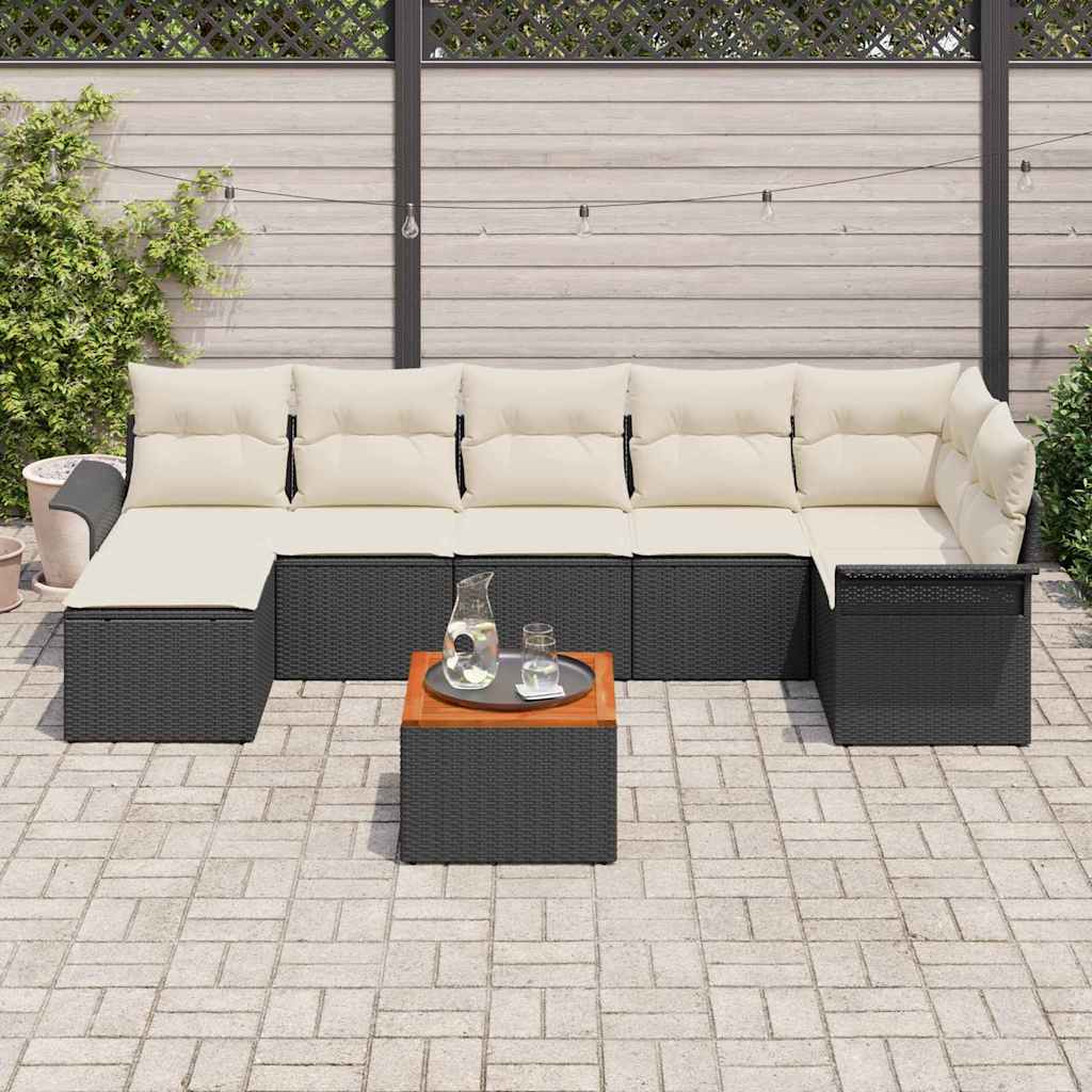 vidaXL 8-delige tuinsofa set met kussens in zwart poly rattan en acacia