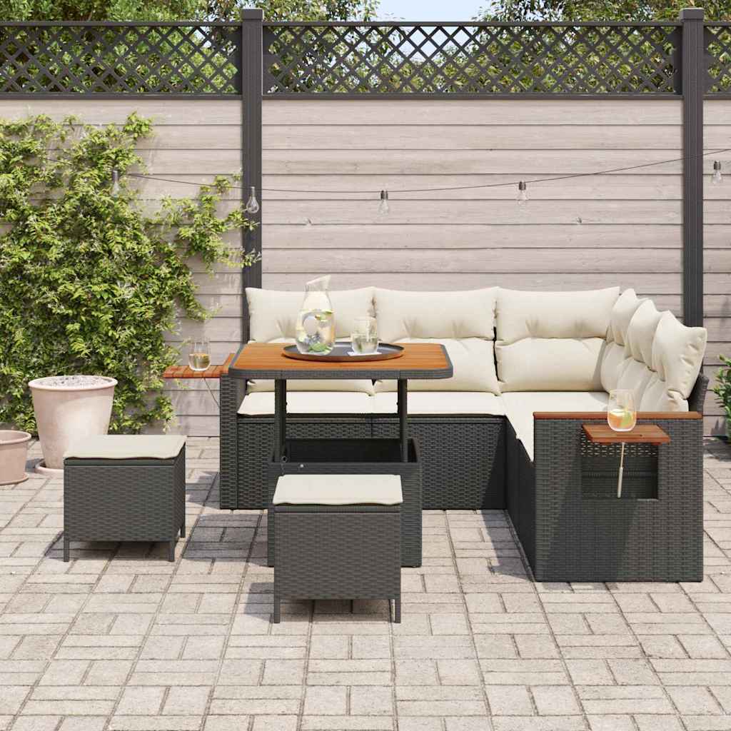 vidaXL 8-delige tuinbankset met kussens zwart poly rattan acacia