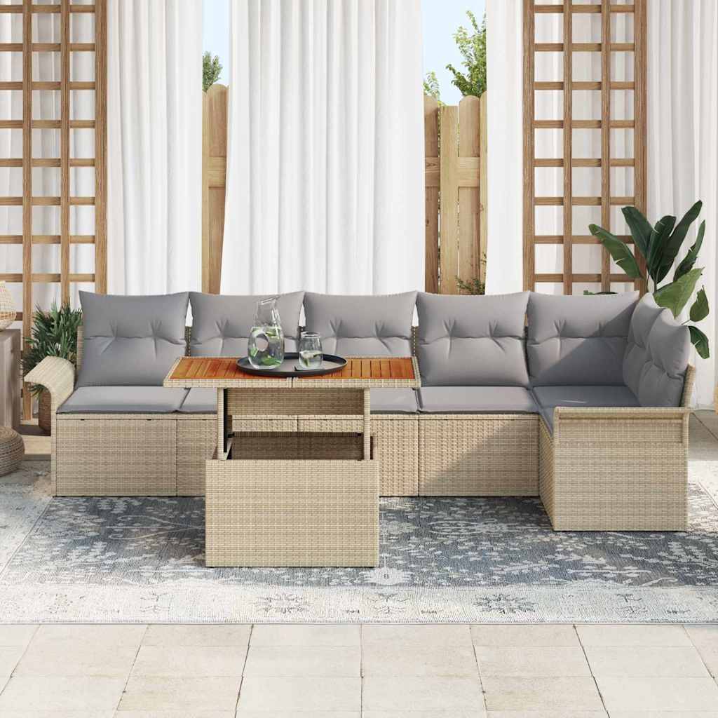 vidaXL 7-delige tuinset met kussens in beige poly riet en acaciahout