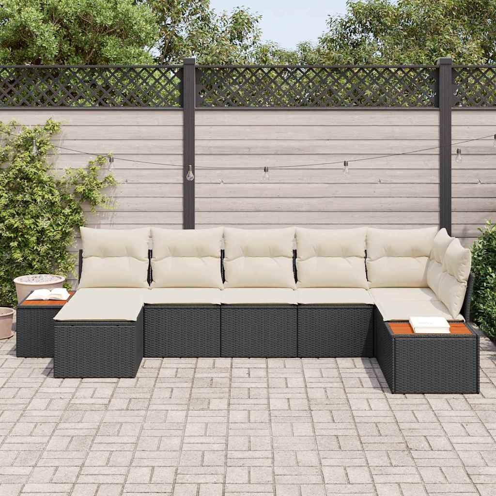 vidaXL 7-delige loungeset voor in de tuin met zwarte kussens, van poly rattan en acacia.