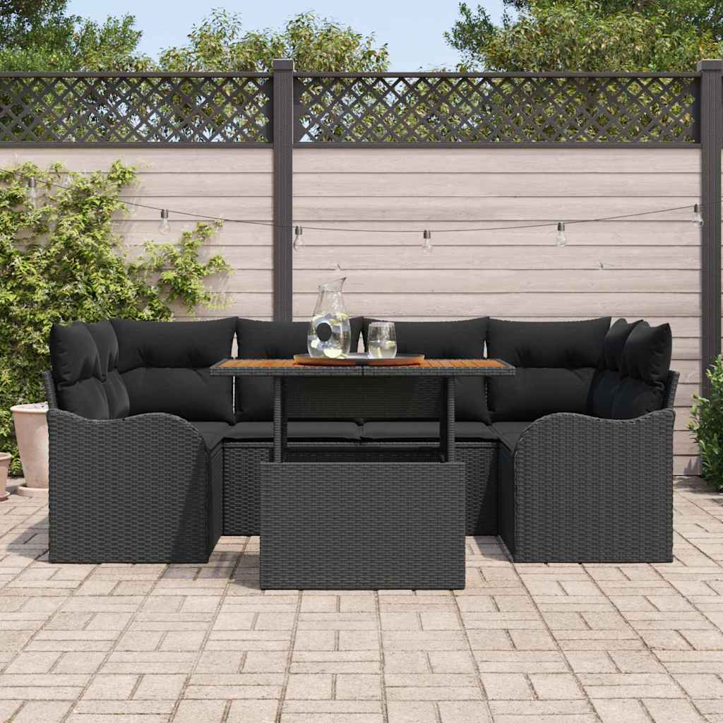 vidaXL 7-delige tuinsofa set met kussens in zwart poly rattan en acacia.