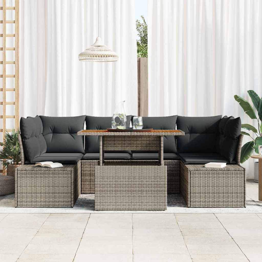 vidaXL 7-delige tuinset met kussens van grijs poly rattan en acacia.