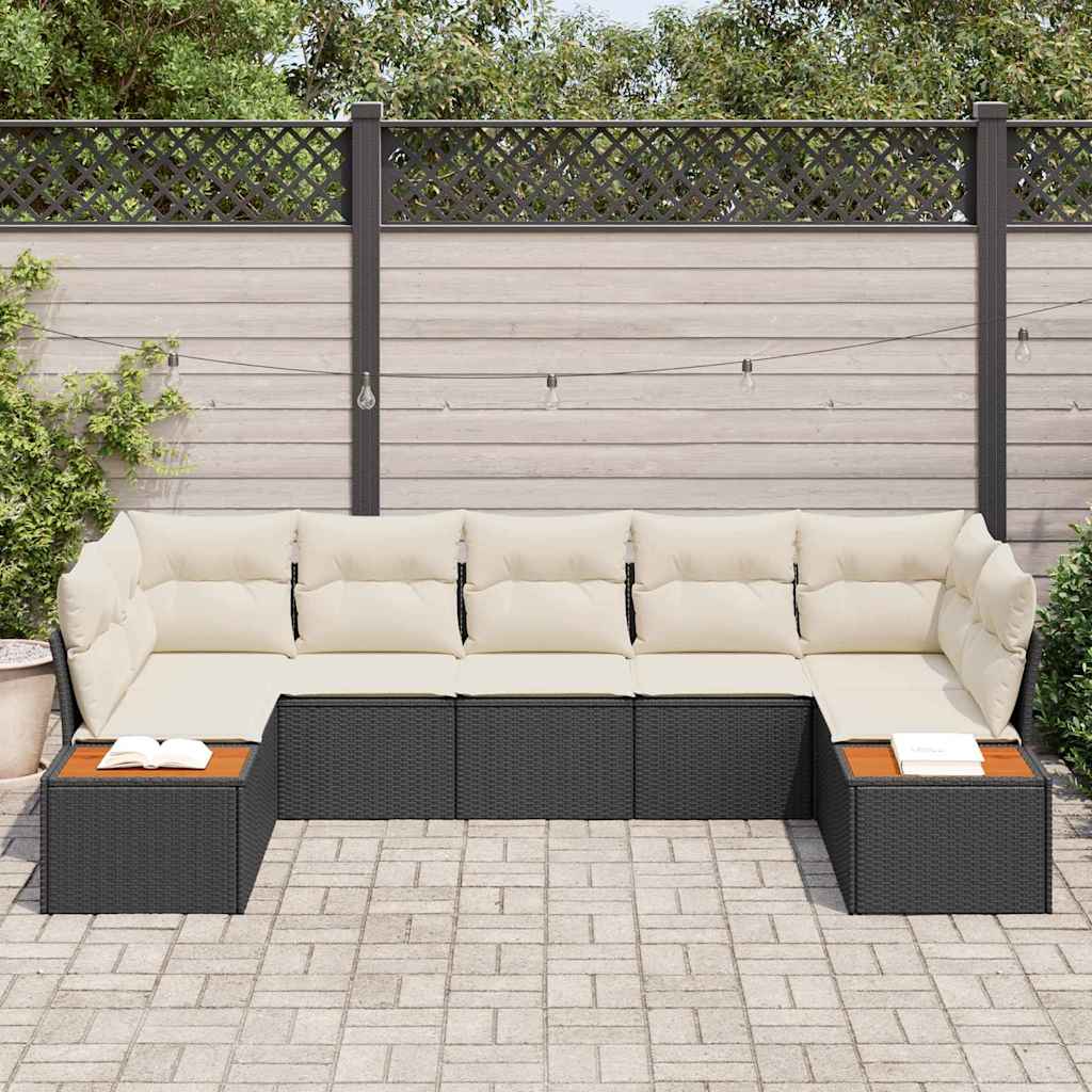 vidaXL 7-delige tuinset met kussens in zwart poly rattan en acacia