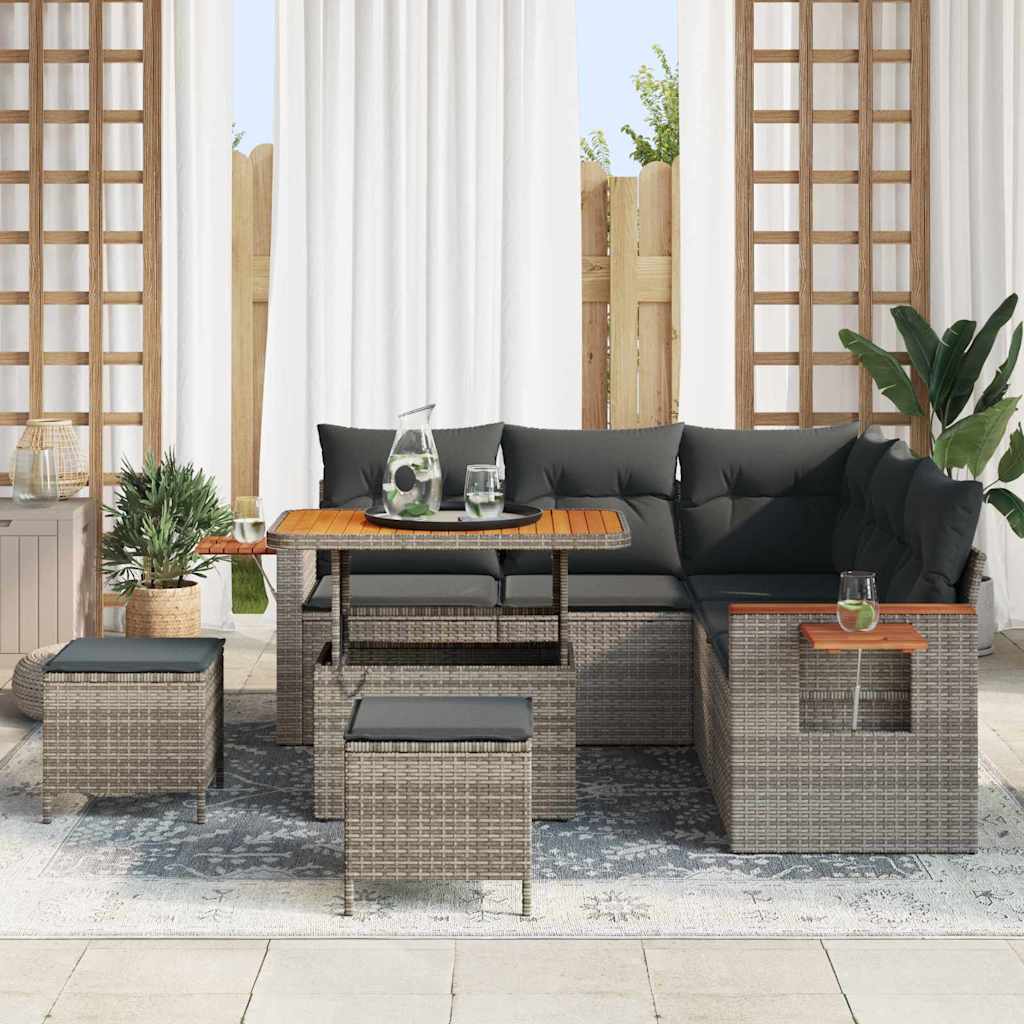 vidaXL 8-delige tuinset met kussens in grijs poly rattan en acaciahout