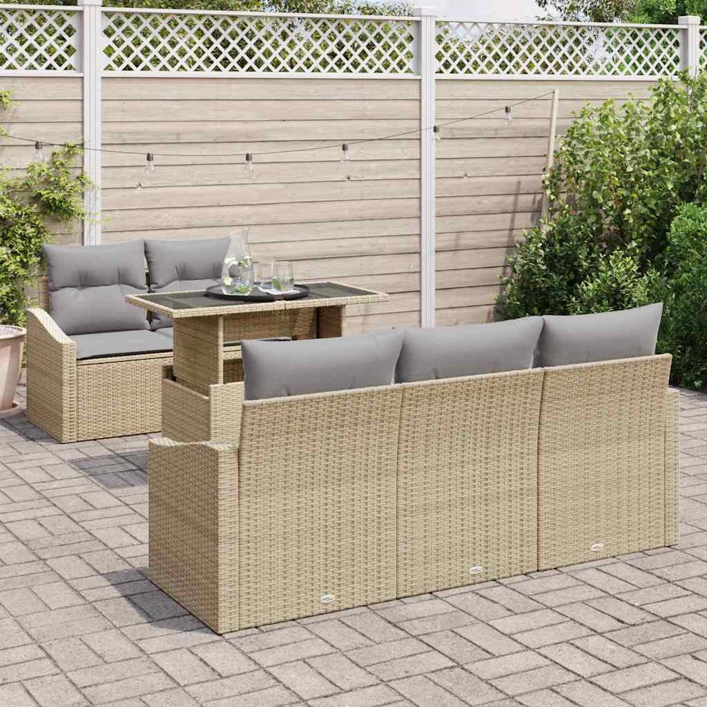 vidaXL 6-delige tuinset met kussens in beige poly riet
