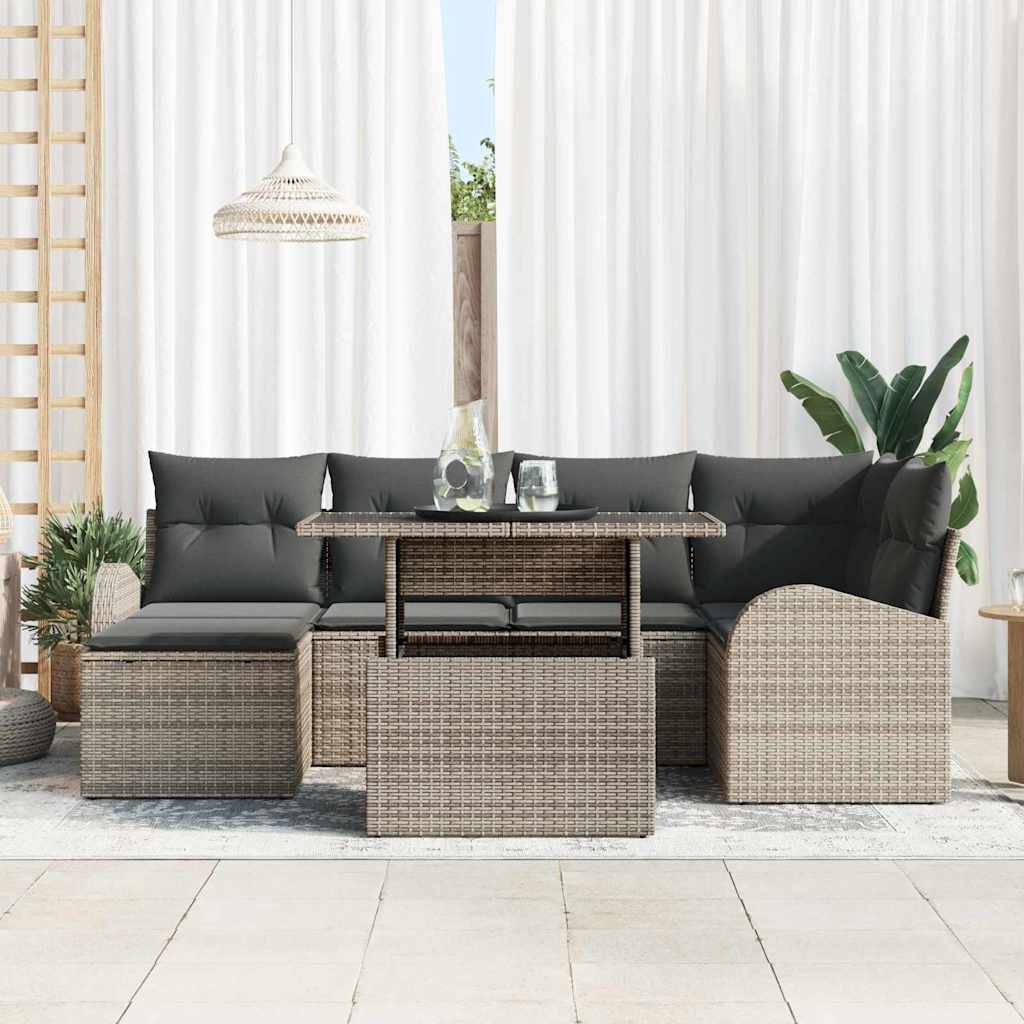 vidaXL 7-delige tuinset met grijze kussens van poly rattan