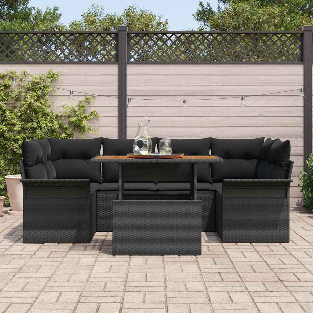 vidaXL 7-delige tuinset met kussens - zwart poly riet en acacia