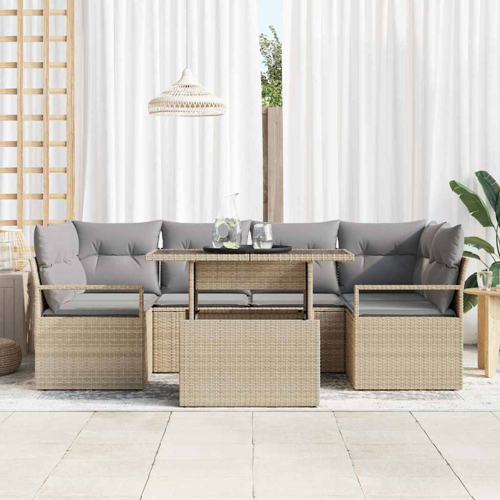 vidaXL 7-delige tuinbankset met kussens in beige poly rattan