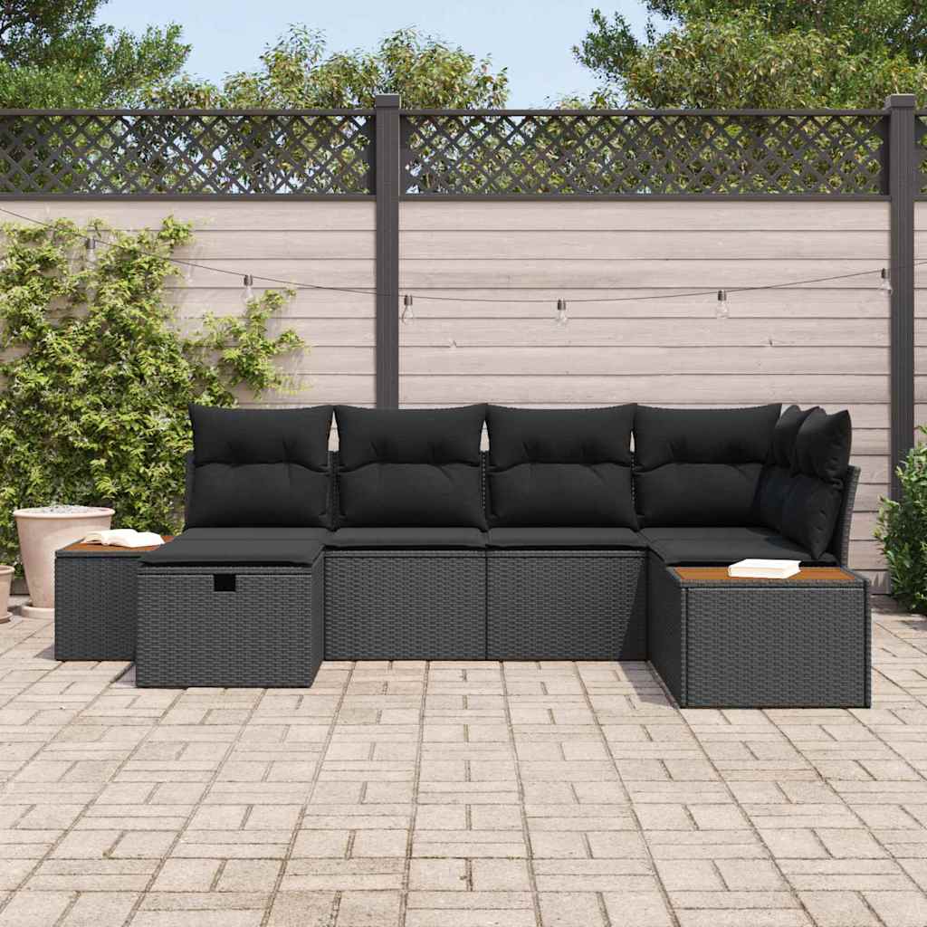 vidaXL 6-delige Tuinbankenset met kussens poly rattan zwart