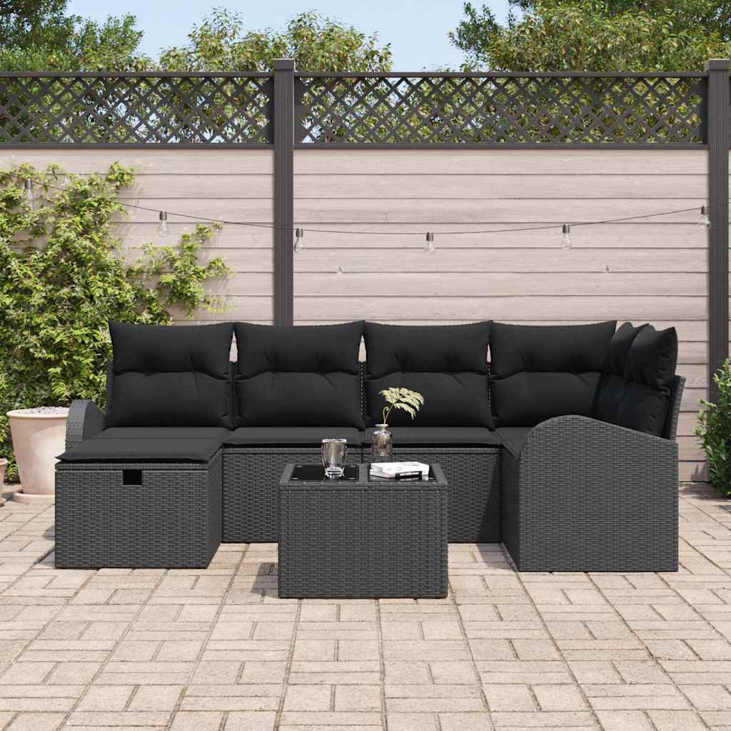 vidaXL 7-delige Tuinbankenset met kussens poly rattan zwart