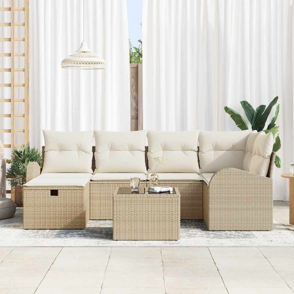 vidaXL 7-delige tuinset met kussens in beige poly rattan