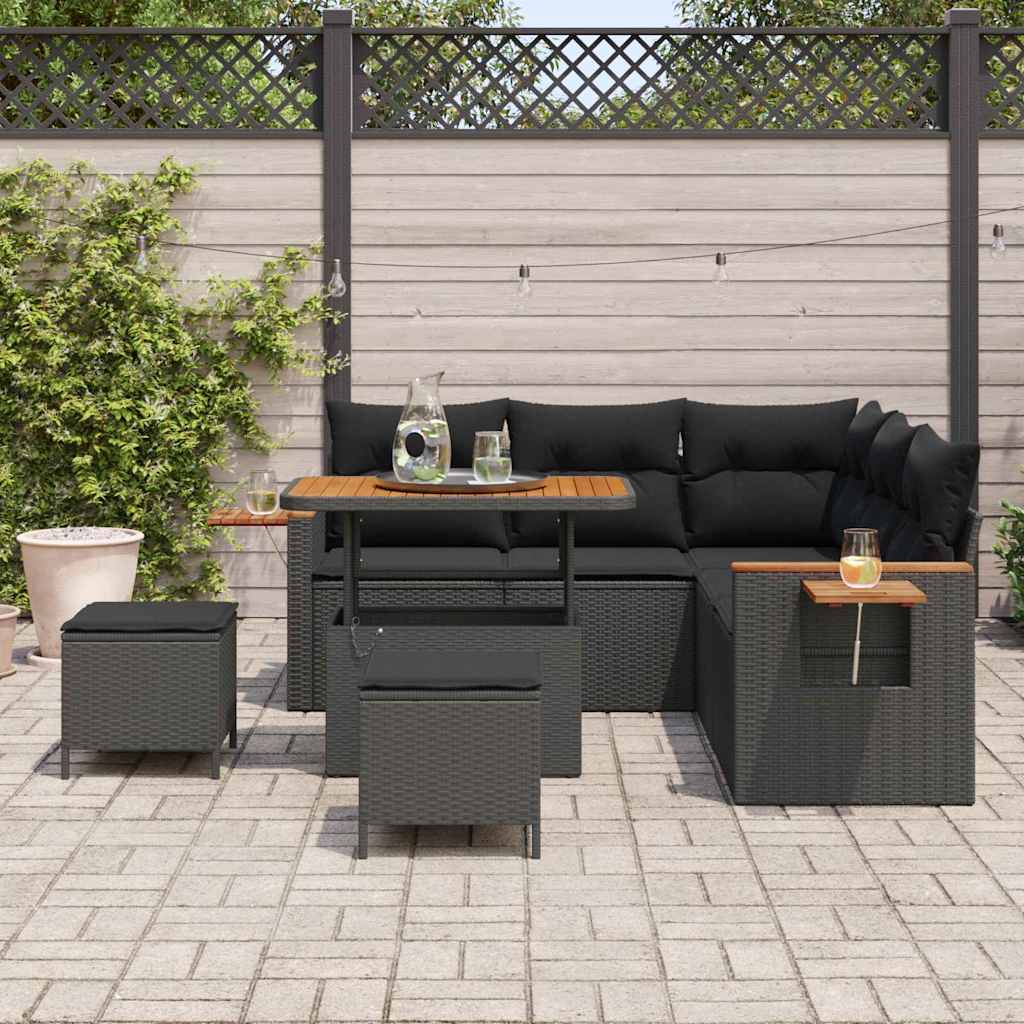 vidaXL 8-delige tuinset met kussens in zwart poly rattan en acaciahout