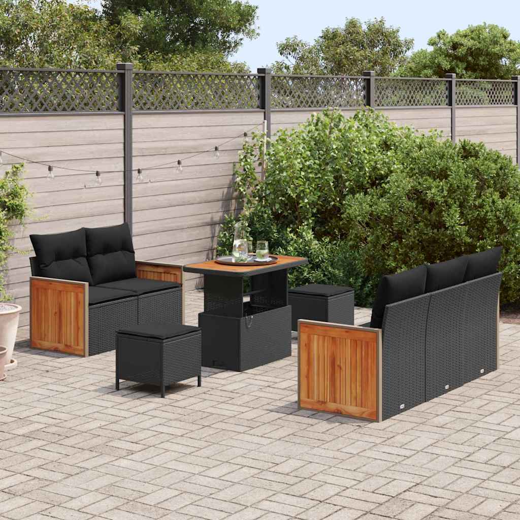 vidaXL 8-delige Tuinbankenset met kussens poly rattan acacia zwart
