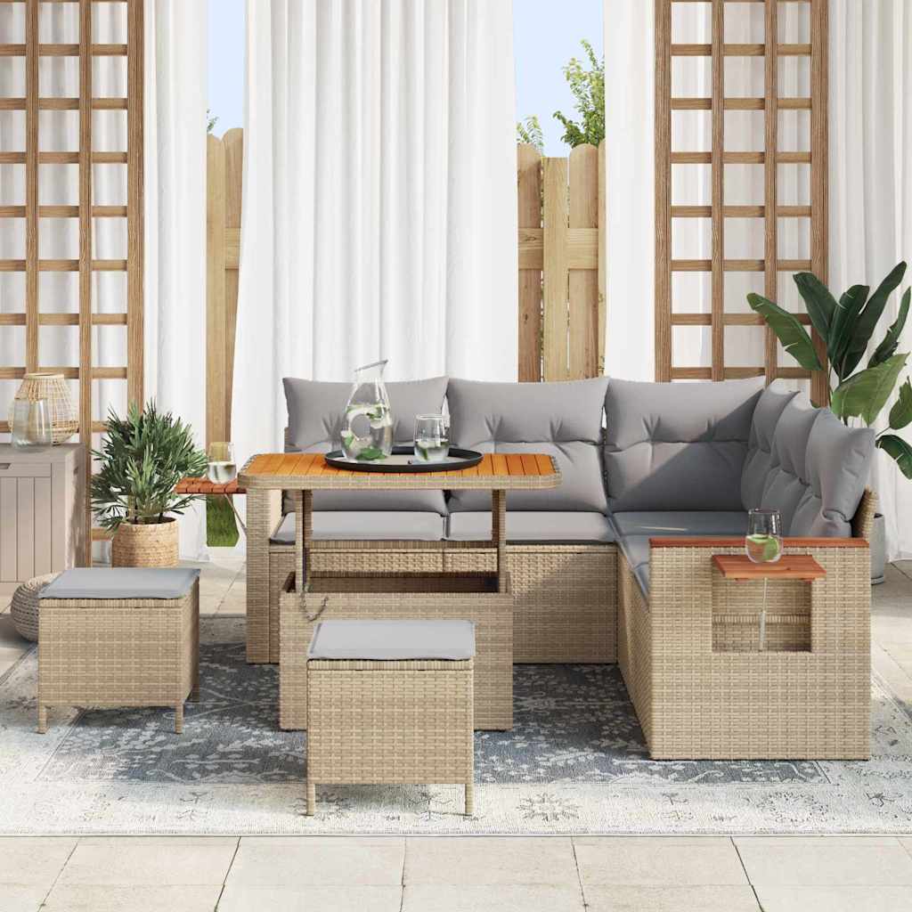 vidaXL 8-delige tuinset met kussens Beige Poly Rattan Acacia