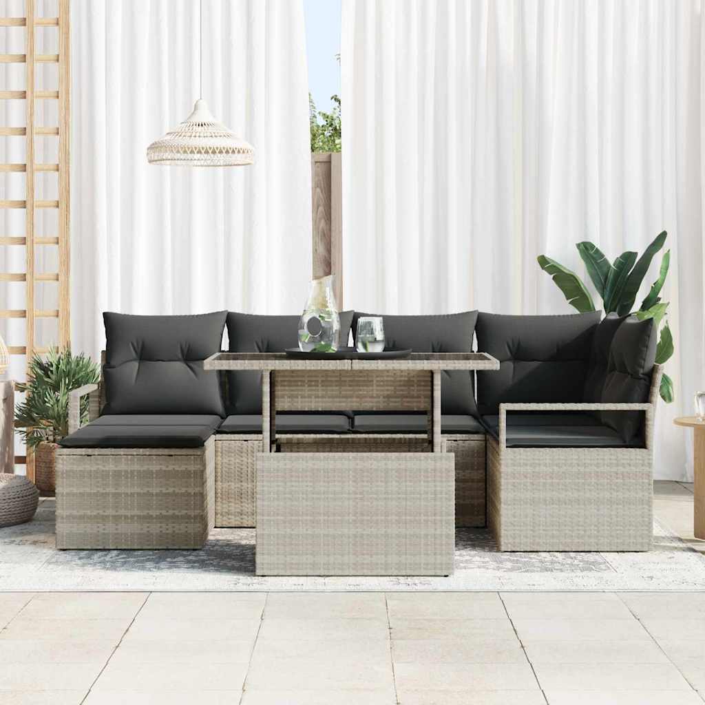 vidaXL 7-delige tuinbank set met kussens in lichtgrijs poly rattan