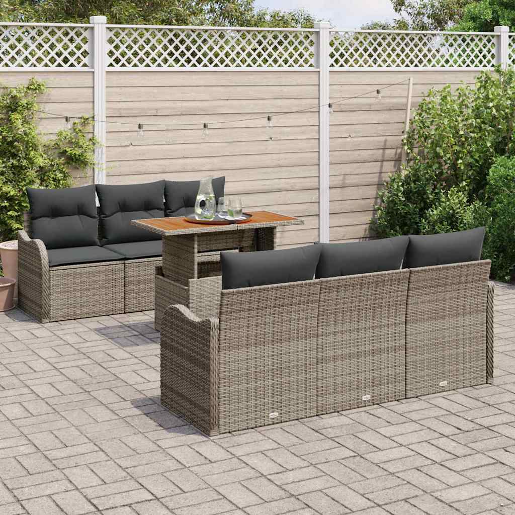 vidaXL 7-delige tuinsofa set met kussens in grijs poly rattan en acacia