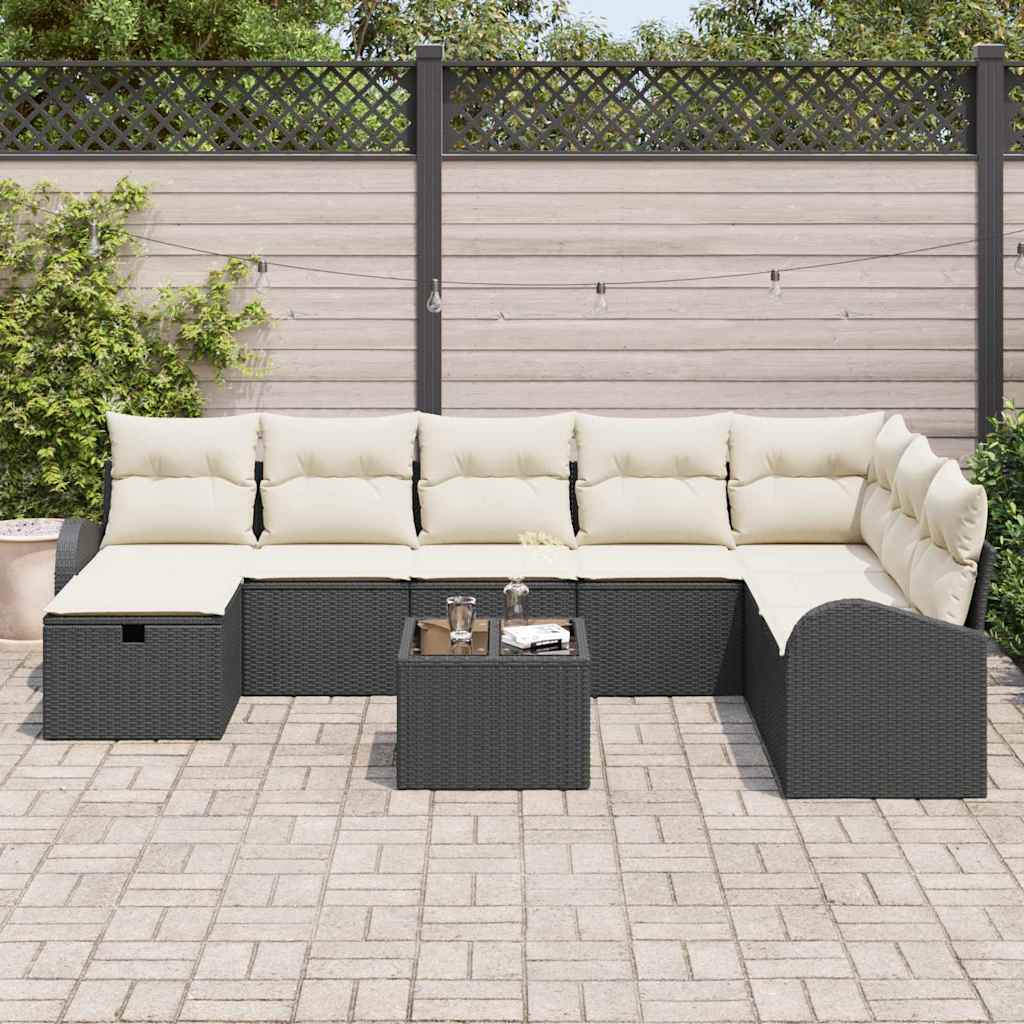vidaXL 9-delige ligbed set met kussens zwart poly rattan