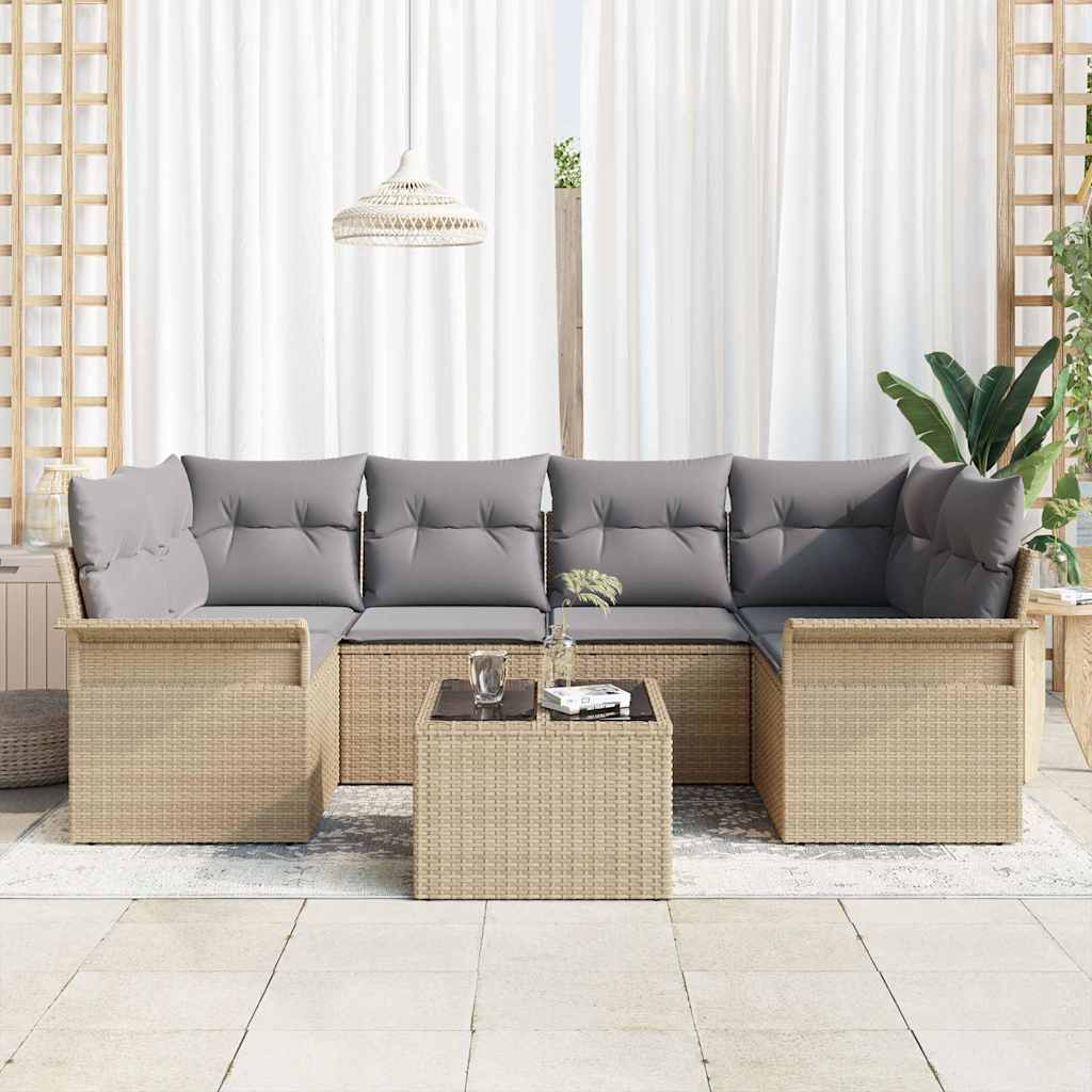 vidaXL 7-delige tuinbankset met beige poly rattan kussens