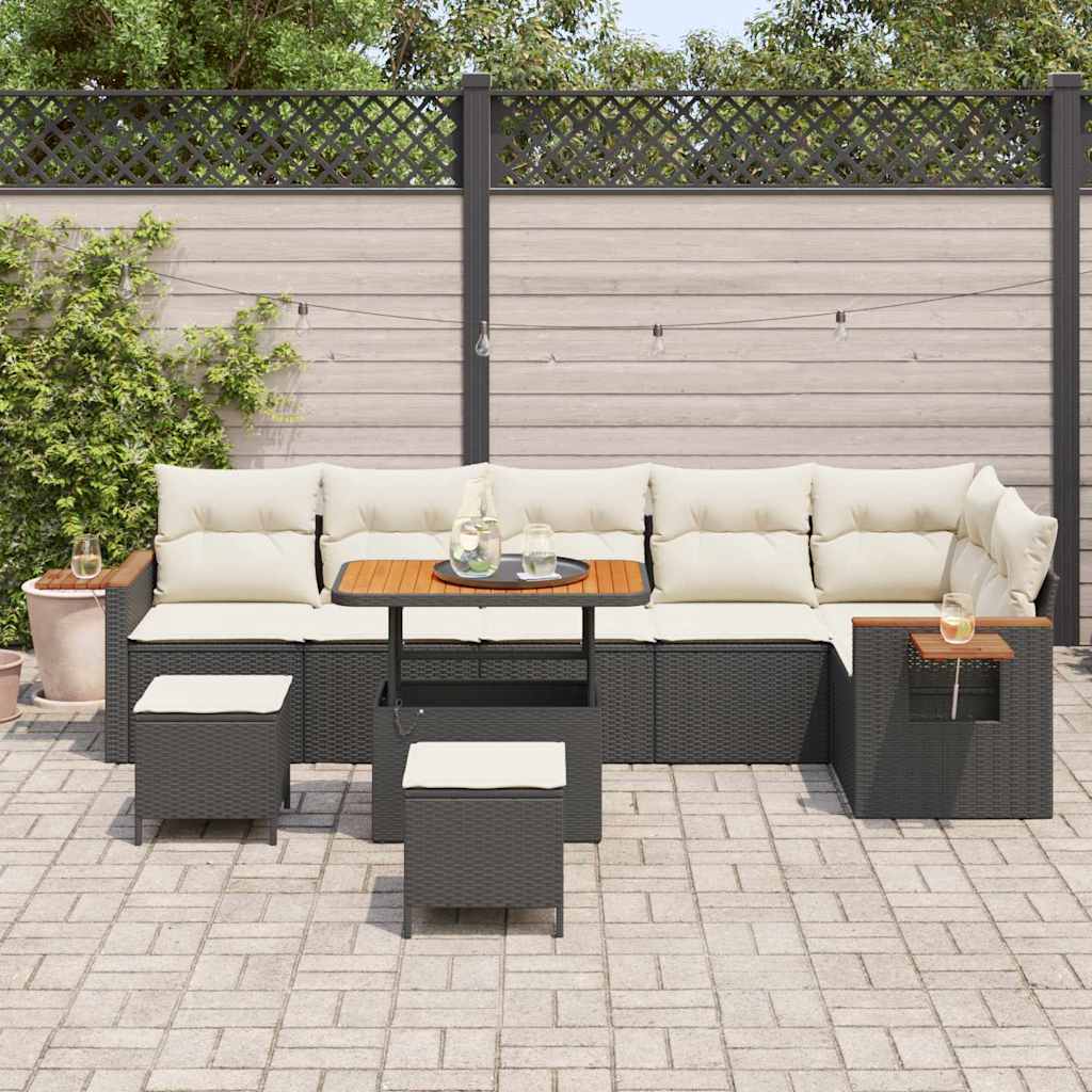 vidaXL 9-delige Tuinbankenset met kussens poly rattan acacia zwart