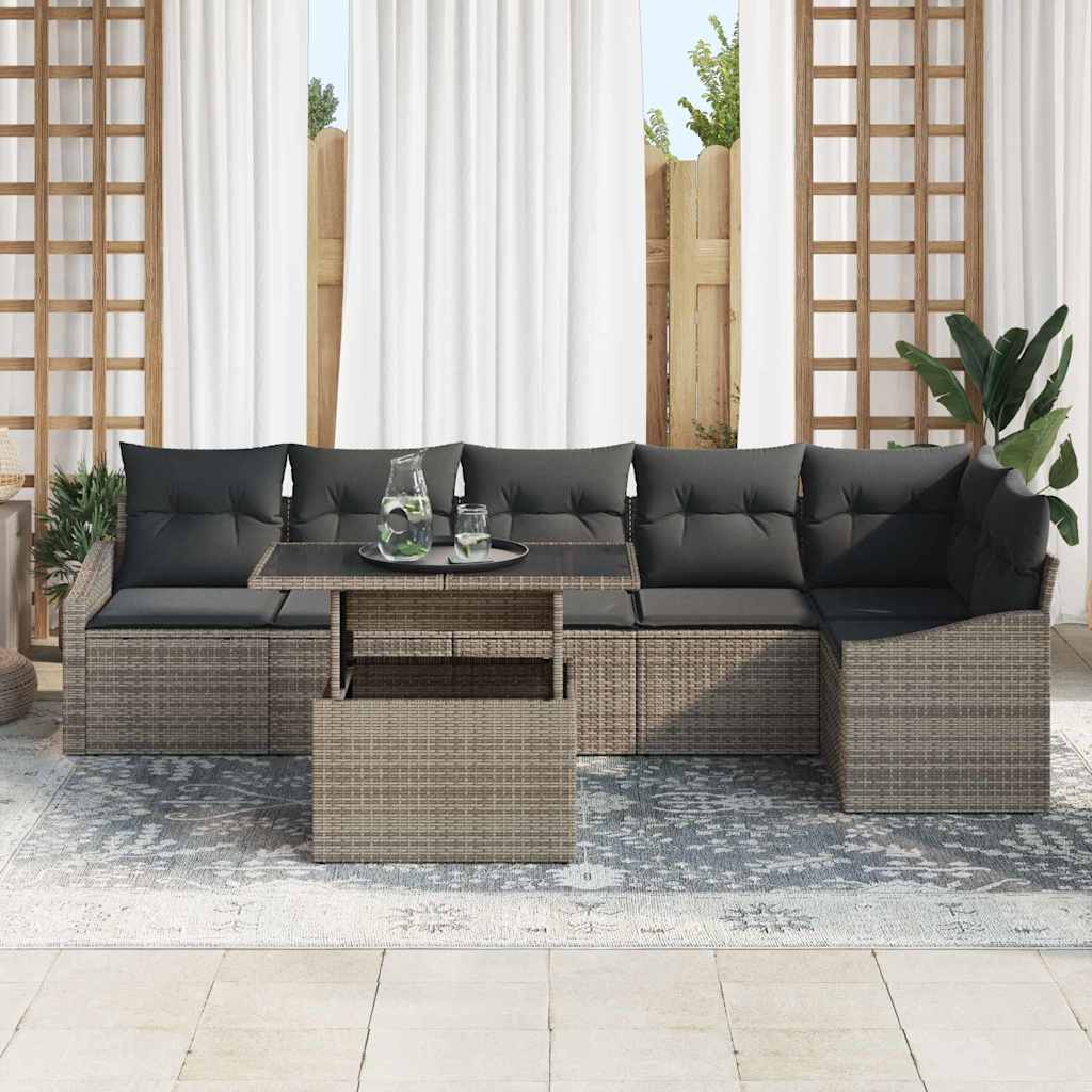vidaXL 7-delige Tuinbankenset met kussens poly rattan grijs