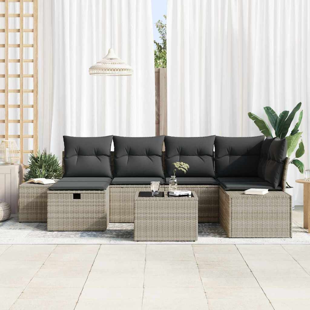 vidaXL 7-delige tuinbankset met kussens lichtgrijs poly rattan