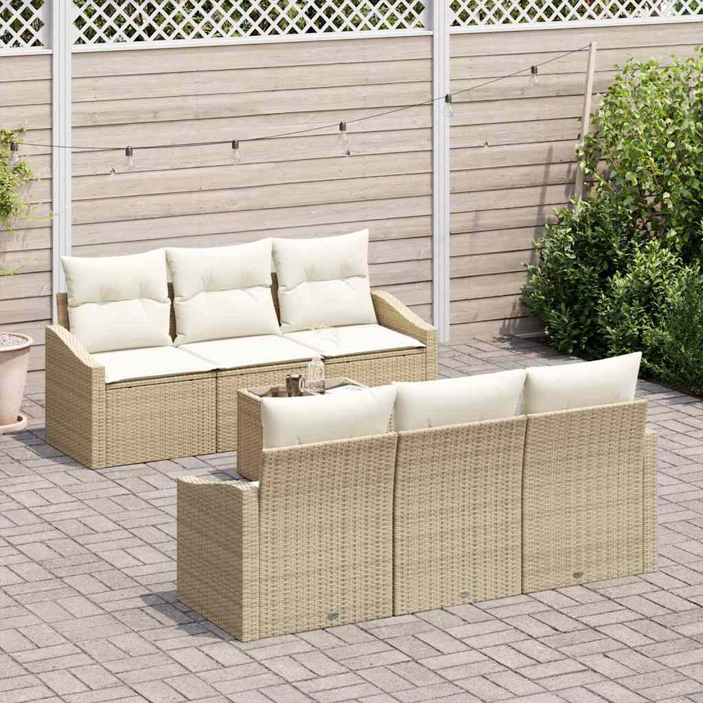 vidaXL 7-delige tuinbankset met kussens in beige poly rattan
