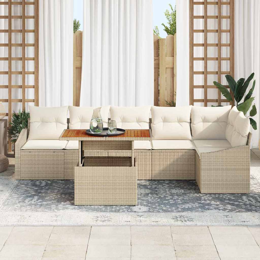 vidaXL 7-delige tuinset met kussens in beige van poly rattan