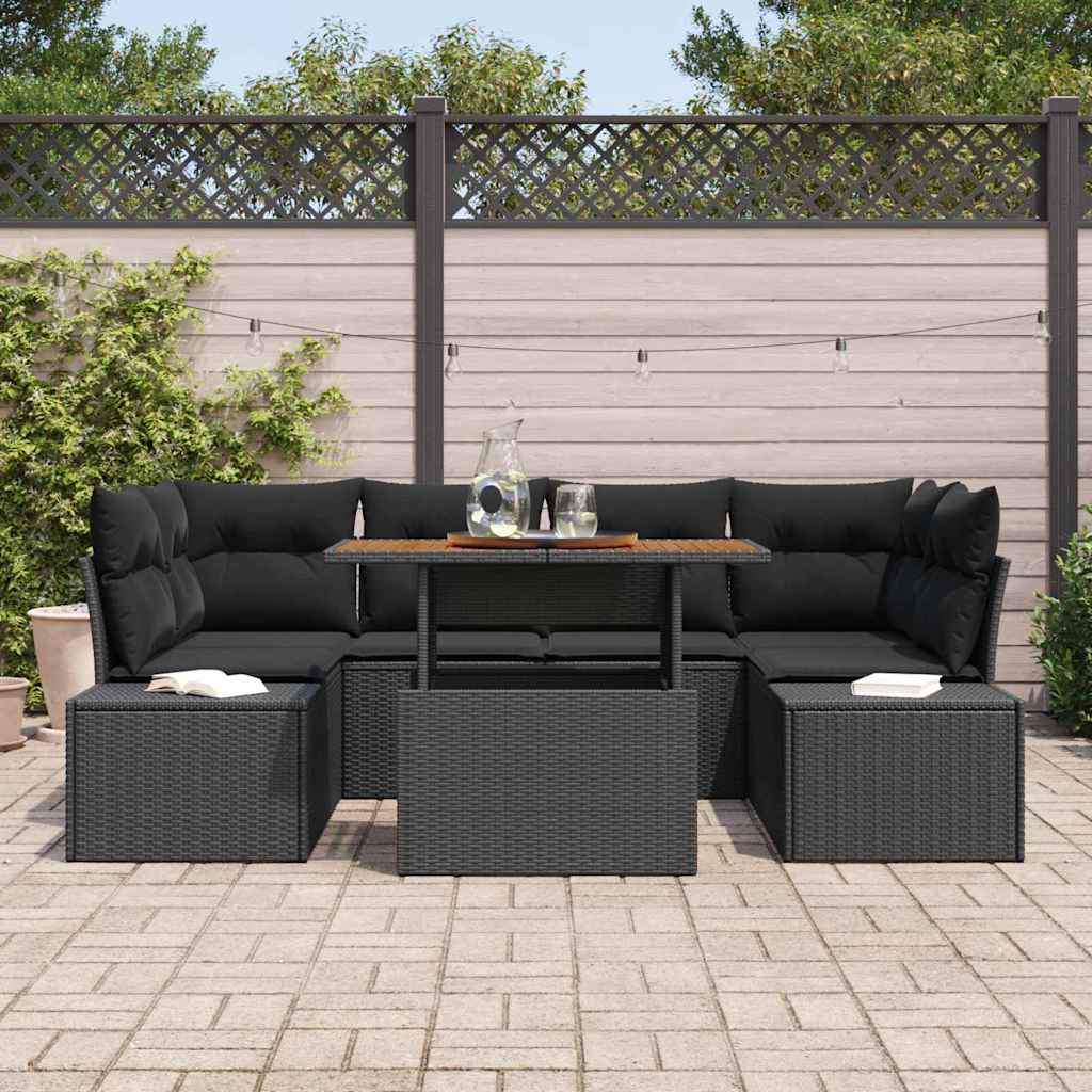 vidaXL 7-Delige Tuinset met Kussens - Zwart Poly Rattan en Acacia