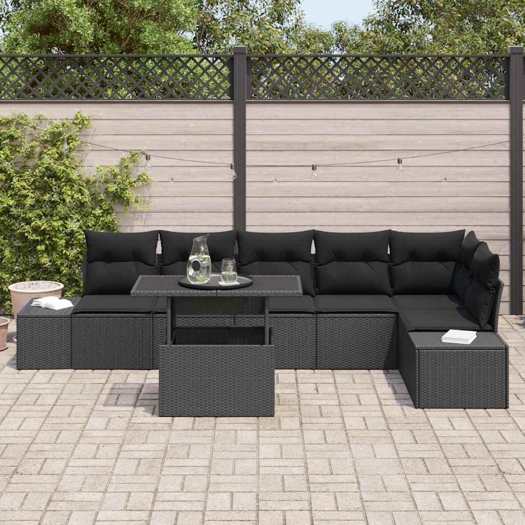 vidaXL 7-delige tuinset met kussens zwart poly rattan