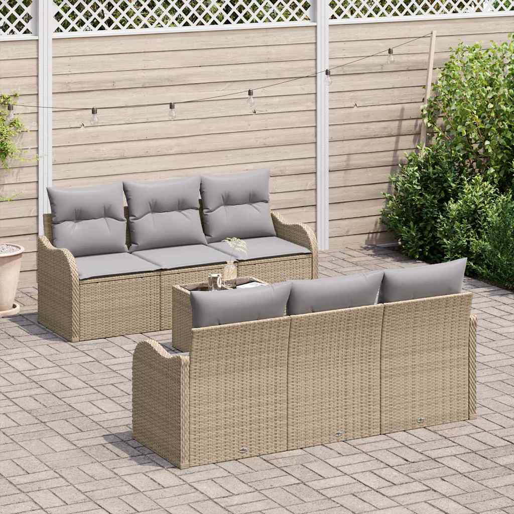 vidaXL 7-delige Tuinbankenset met kussens poly rattan beige