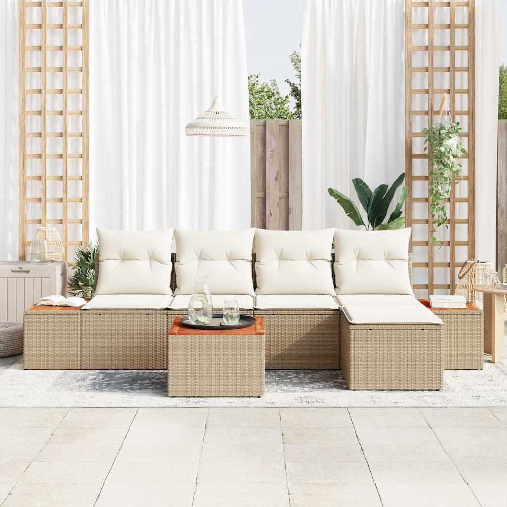 vidaXL 6-delige tuinsofacombinatie met kussens in Beige, gemaakt van poly riet en acacia.