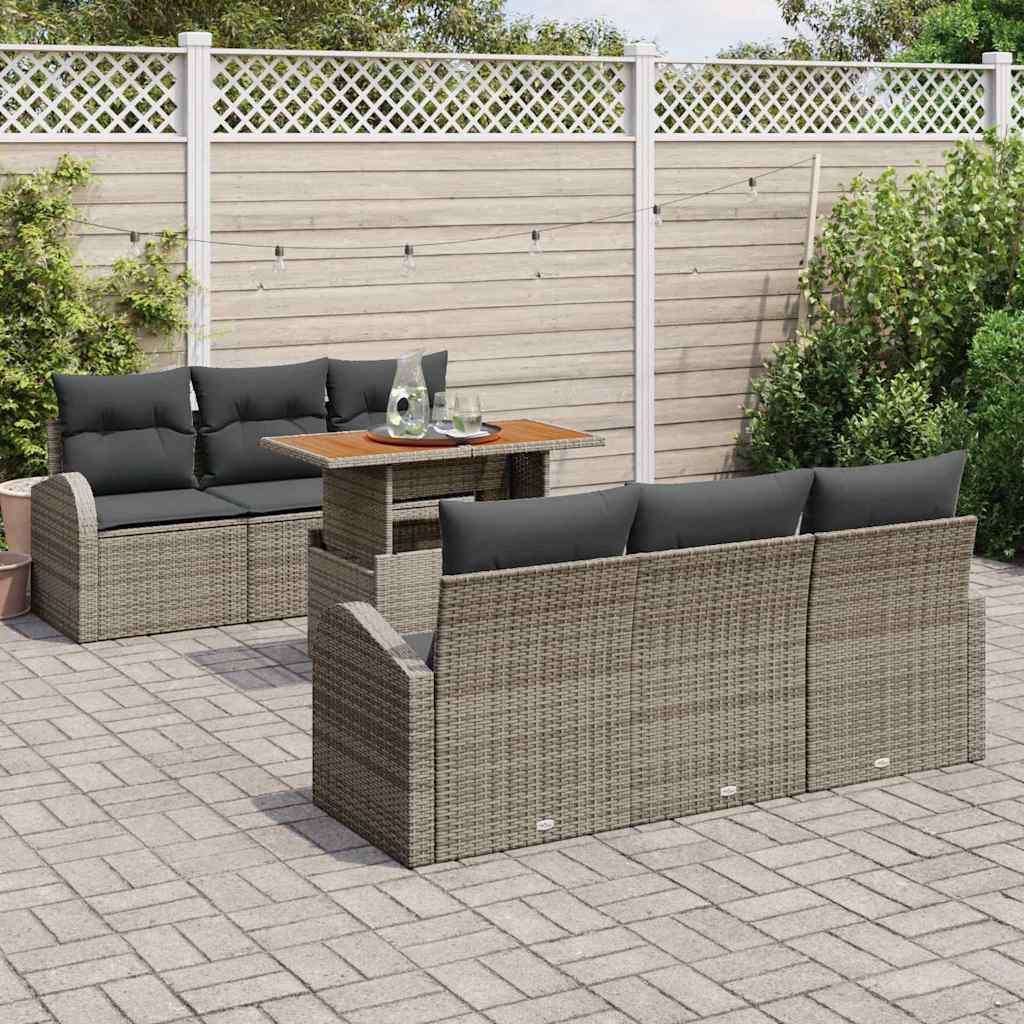 vidaXL 7-delige tuinset met kussens in grijs poly rattan en acacia