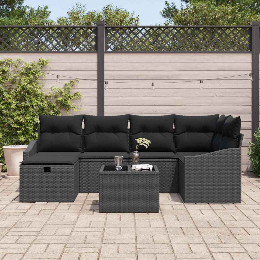 vidaXL 7-delige Tuinbankenset met kussens poly rattan zwart