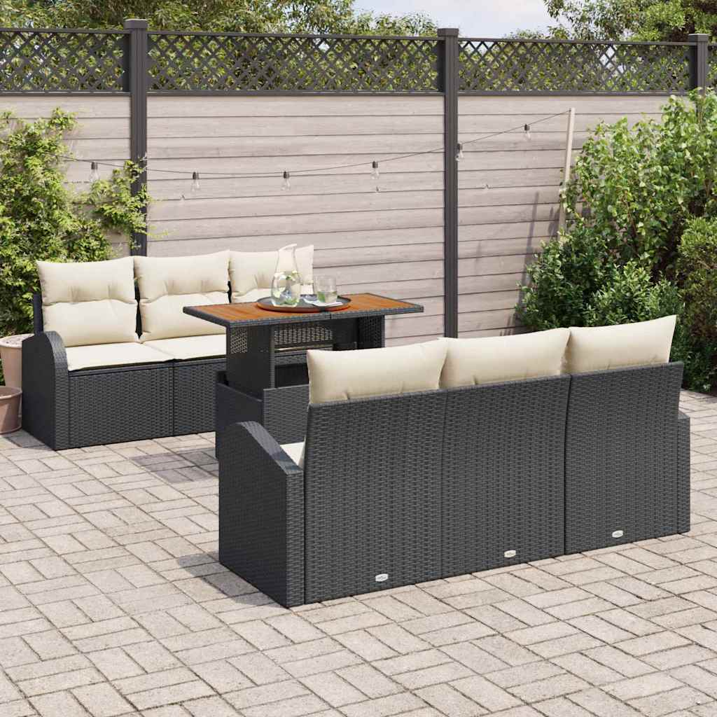 vidaXL 7-delige tuinset met kussens in zwart poly rattan en acacia